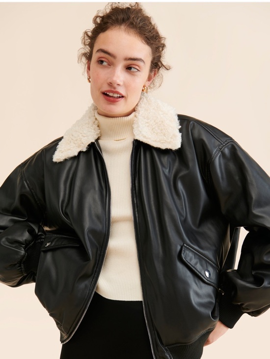 WeWoreWhat Jackets & Blazers - WeWoreWhat Black Faux Leather Bomber Jacket with Cream Shearling Collar